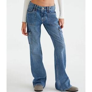 Womens Aeropostale Flare Jeans Mid Rise Cargo Patch Pockets Stretch 4 Blue